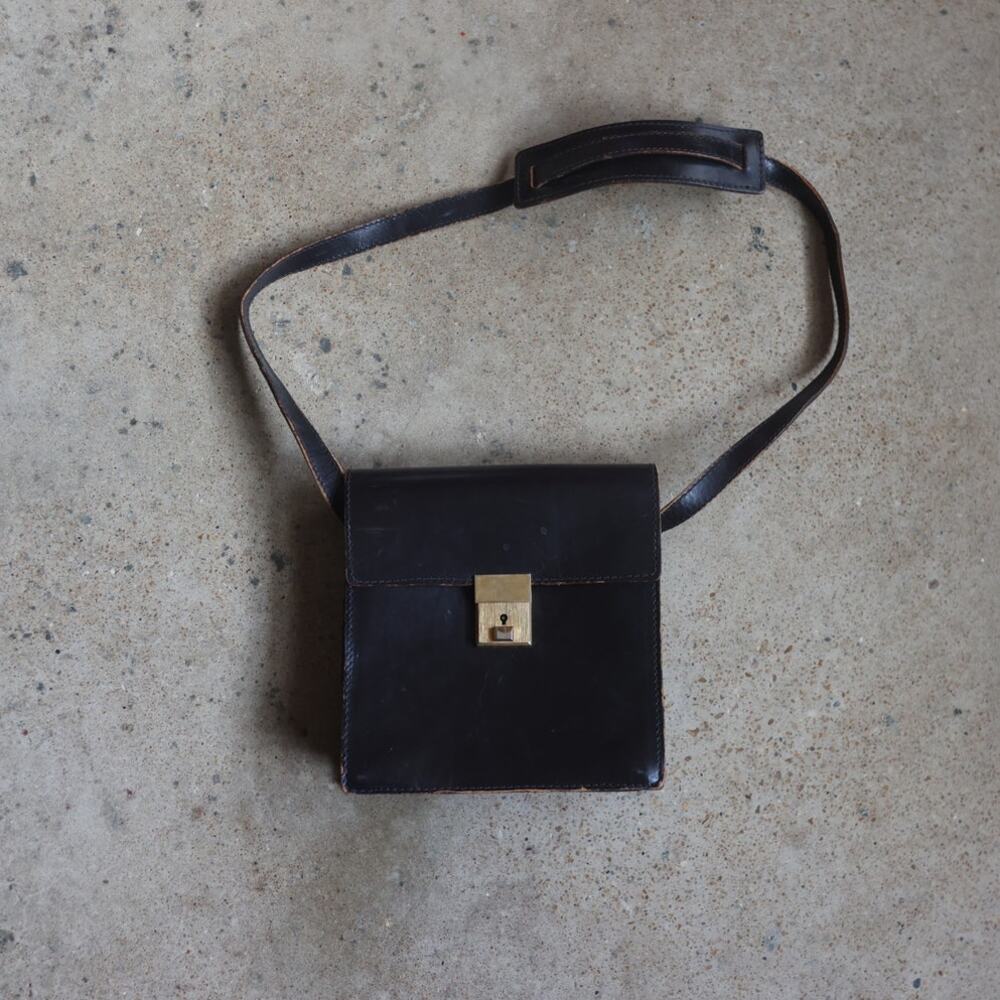 Vintage Genuine Leather Black Shoulder Bag Brass Lock Minimalist 70s